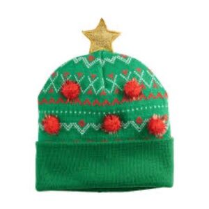 Christmas Tree Knit Beanie with Glitter Star & Mini Tinsel Poms  NWT